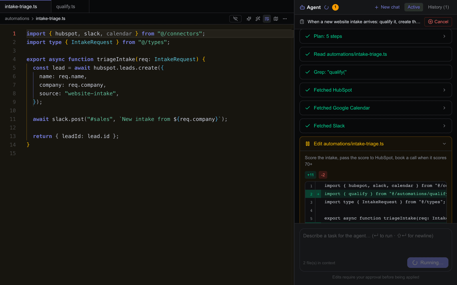 Codnov's IDE agent automating a website intake: it has created the HubSpot lead, booked the intro call and posted to Slack, and is proposing a code change for approval